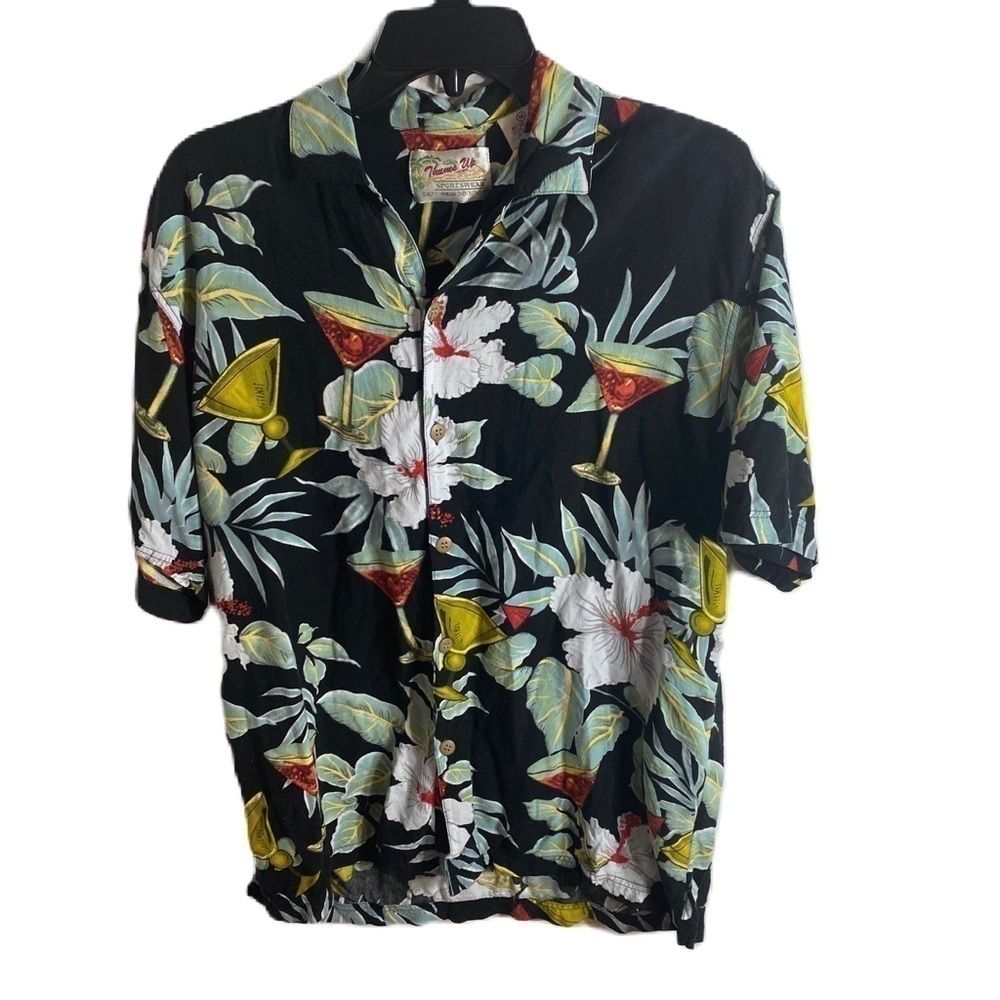Vintage Thums Up Hawaiian Shirt Medium Martinis Drink Black Green